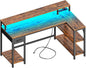 SUPERJARE 53 inch Reversible L Shaped Desk with LED Lights & Power Outlets, Computer Desk with Shelves & Monitor Stand, Gaming Desk with Drawer, Home Office Desk Corner Desk, Rustic Brown