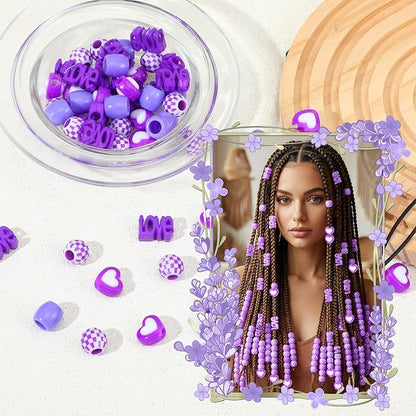 TIESOME 60 Pcs Large Hair Beads, Purple Resin Big Beads For Hair With Puller Tool, Braid Loc Dreadlock Bead For Girls Kids Women, Easy To Thread For Ponytail, Braids, Hairs Jewelry Accessories