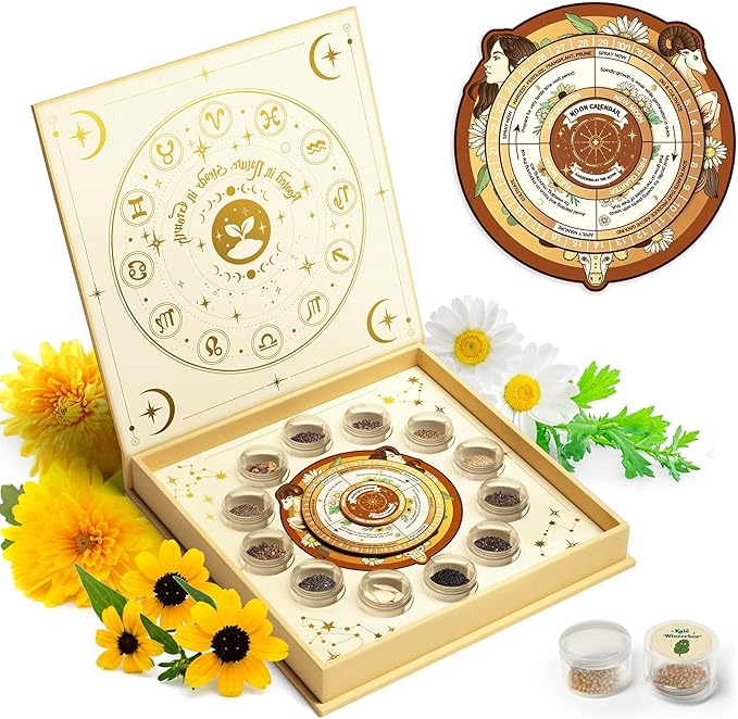 LUSH&DEW Zodiac Garden Seed Bank, 12 Varieties Non-GMO USA-Sourced Heirloom Herb Flower Seeds with Moon Calendar, Gardening Gift for Women Men, Witchcraft Supplies, Earth Sign (Taurus Virgo Capricorn)