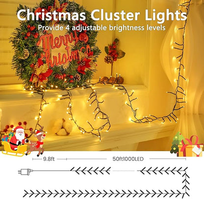 50FT 1000 LED Cluster Christmas Lights, Christmas Tree Lights Outdoor Indoor with 8 Modes & Timer & Remote, Firecrackers String Lights Waterproof for Garland Party Xmas Decorations, Warm White