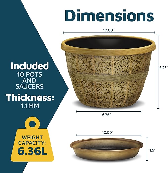 10-Inch Whiskey Barrel Planters Outdoor Pack of 10 - Durable Plastic Plant Pots for Indoor & Outdoor Use with Drainage & Saucer, Lightweight Rustic Barrel Planters for Flowers, Herbs & Small Plants