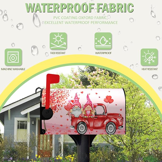 Valentine Mailbox Covers Magnetic Large Size Valentines Day Mail Box Post Cover Gnome Red Heart Truck Letterbox Wrap Happy Valentine's Day Waterproof Mailbox Cover 25.5 X 21 Inch