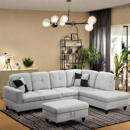 L Shaped Sectional Couch with Otttoman, 103" Sectional Sofa for Living Room Flannel Modular Couches with Cup Holders for Bedroom, Apartments, Light Grey