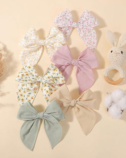 doboi 8PCS Baby Girls Hair Clips Fable Hair Bows Cotton Linen Bows for Girls Hair Accessories for Baby Toddlers Kids-Floral