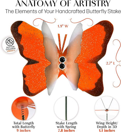Handmade Orange Butterfly Garden Stakes Set of 7 - Decorative Outdoor & Indoor Plant Decor - Nature Lover Gift Idea by Air Aquarium Kushner