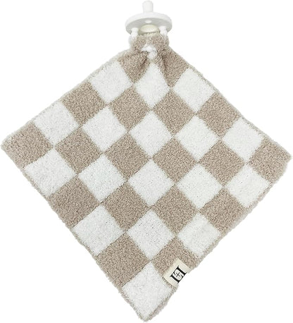 L+L USA Checkered Baby Lovey Pacifier/Teether Holder 10"x10" - DreamSoft Plush Fluffy Cuddly Soothie Reversible Mini Comfort Blanket - Cute Newborn Gift Essential Babies Boys Girls (Tan/White)