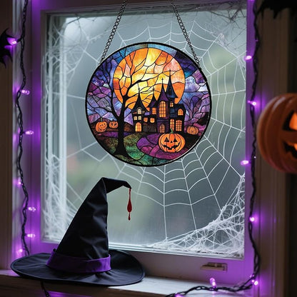 Stained Glass Window Hanging Halloween Horror Pumpkin 9.8" - Suncatcher Door Garden Sunroom Golden Moon Church Sun Catcher Birthday for Friend Mom Men Woman Nana