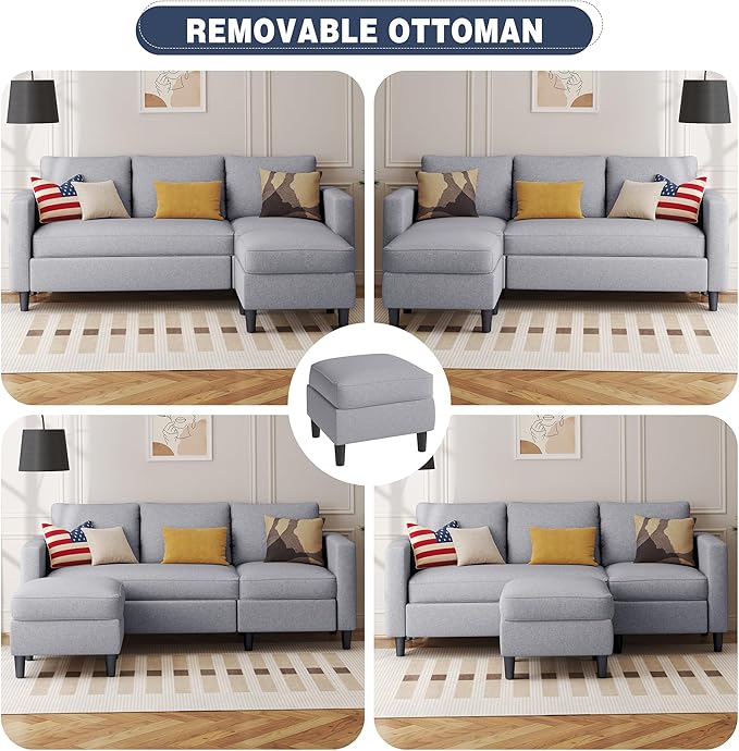 Small Sectional Sofa Couch, 3 Seat L Shaped Couches with Ottoman, Upholstered Fabric Convertible Sofa, Small Couch for Apartments, Living Room and Office (Light Grey)