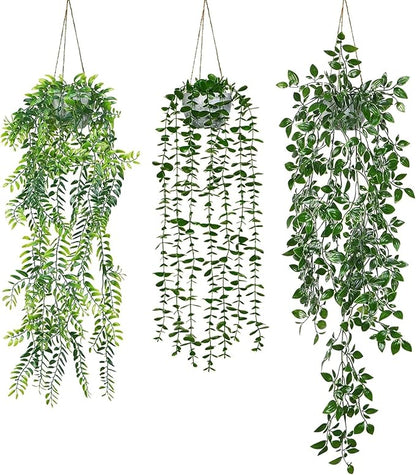 Dremisland Fake Hanging Plants with Pots 2Pack Faux Hanging Basket Plant Macrame Plant Hanger with Fake Vines Faux Hanging Planter for Wall Ceiling Home Bedroom Indoor Decor (Mix Plant-3PCS)