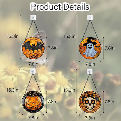 Stained Glass Window Hanging 4 Pcs Set Ghost Pumpkin bat Gothic Decor 7.8" - Horror Halloween Suncatcher Door Garden Sun Catcher Birthday White Elephant Gifts for Mom Woman Men Friend