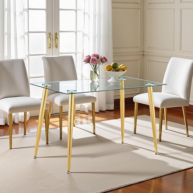 Dining Table for 6 Kitchen Table 47.2" Rectangular Modern Glass Dining Table Kitchen & Dining Room Tables with Glass Tabletop and Metal Legs for Dining Room and Kitchen, Champagne