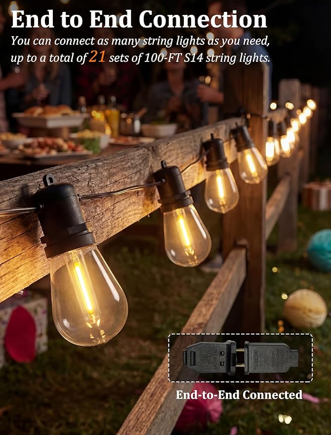 S14 Patio String Lights, 100FT Outdoor Patio String Light with 35 Clear LED Bulbs (2 Spare), UL Certified Waterproof Hanging Lights for Outdoor & Indoor - Commercial Grade Black Wire
