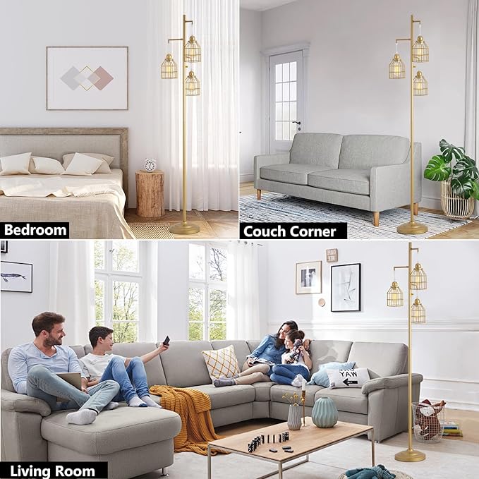 9MMML Golden Dimmable Floor Lamp,Industrial Gold Farmhouse Tall Standing Lamp for Living Room, Bedroom Office,3 Teardrop Cage Lampshade,3 LED Bulbs Inculded, 68'' Tall