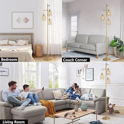 9MMML Golden Dimmable Floor Lamp,Industrial Gold Farmhouse Tall Standing Lamp for Living Room, Bedroom Office,3 Teardrop Cage Lampshade,3 LED Bulbs Inculded, 68'' Tall