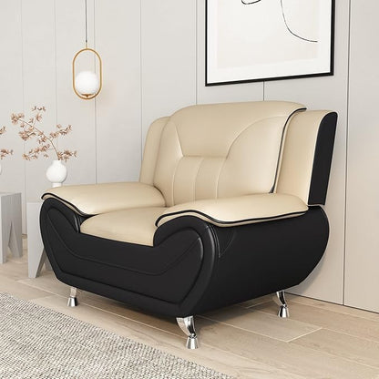 Container Furniture Direct Michael Modern Faux Leather Upholstered Stainless Steel Legs Living Room Sofa, Chair, Camel/Black