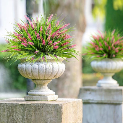 Sggvecsy 12 Bundles Artificial Plants Outdoor Faux Lavender Flowers Fake Monkey Grass UV Resistant Plastic Greenery Plants for Garden Home Porch Window Patio Hanging Planter Indoor Decor(Pink)