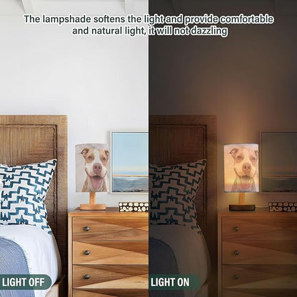Table Lamp Pitbull Dog Smile Nightstand Lamp with Wood Base Fabric Lamp Shade Bedside Desk Lamp for Living Room Bedroom Kids Room Office