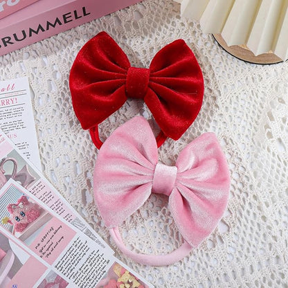 Velvet Baby Girls Bows Elastic Nylon Headbands Red Pink Handmade Newborn Bows Hairbands Infants Toddlers Hair Accessories 3 Pcs Red Rose Pink
