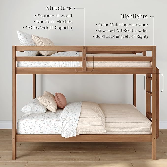Grain & Grove Bear Twin Over Twin Bunk Bed, Sturdy Bunk Bed Frame for Kids, Plywood Bunk with Ladder, Guardrail, and Slats, No Box Spring Required, Oak Embossed Pecan