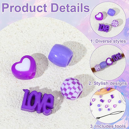 TIESOME 60 Pcs Large Hair Beads, Purple Resin Big Beads For Hair With Puller Tool, Braid Loc Dreadlock Bead For Girls Kids Women, Easy To Thread For Ponytail, Braids, Hairs Jewelry Accessories