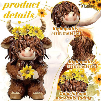 2 Pcs Highland Cow Figurines Decor Cow Gnomes with Sunflower Resin Statue Calf Lovers Gifts for Farmhouse Home Garden Bathroom Kitchen Office Tiered Tray Table Decor
