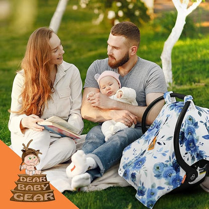 Dear Baby Gear Car Seat Cover for Boys & Girls - Baby Carseat Canopy w/Snap Opening - Infant Seat Cover - Stroller & Nursing Covers - Newborn Carrier Canopy - 40x30"(Blue Watercolor Roses, White Dot)