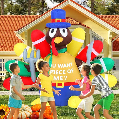Thanksgiving Inflatable Turkey Decorations -5FT LED Light Up Pilgrim Hat & Colorful Tail -Holding Knife and Fork Turkey Blow up Yard Decor Outdoor Indoor Lawn Garden Home Autumn Holiday Harvest
