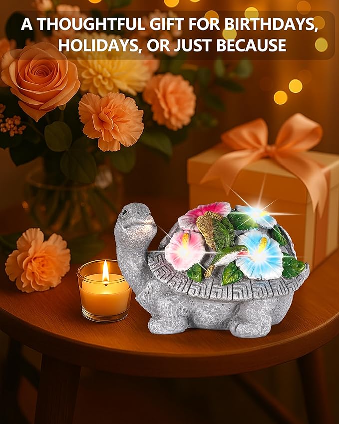 Solar Turtle Figurine Lights with Hummingbird Flower 5.5-inch – Garden Statue for Outdoor Yard Decorations, Lawn Ornaments, Balcony Decor – Ideal Gift for All Occasions (Turtle)