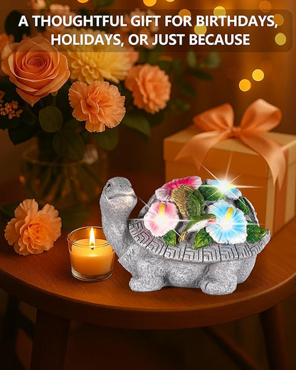Solar Turtle Figurine Lights with Hummingbird Flower 5.5-inch – Garden Statue for Outdoor Yard Decorations, Lawn Ornaments, Balcony Decor – Ideal Gift for All Occasions (Turtle)