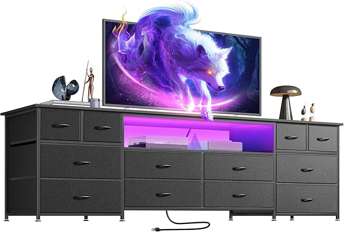 Huuger 70.9 Inch Dresser TV Stand with LED Lights, Power Outlets and USB-C Port, 12 Fabric Drawer Dresser for Bedroom, Wide Entertainment Center for 75, 80 Inch TV, Media Console, Open Shelf, Black