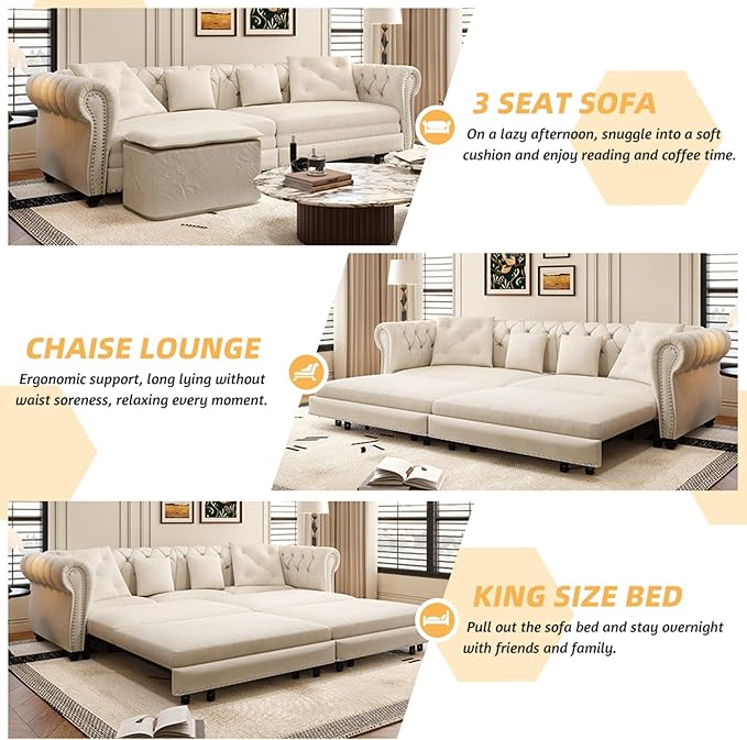 KEIKI 3-in-1 Velvet Chesterfield Sofa Bed with Ottoman, Convertible King Size Sleeper Couch, Rolled Arm Design, Comfortable 3-Seater for Living Room or Bedroom, Beige