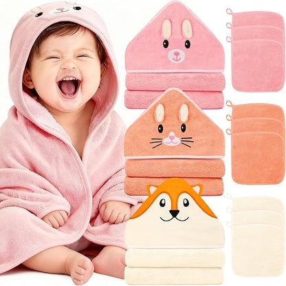 Sublaga 31x31 Inch Baby Hooded Towels, 12Pcs Baby Towels and Washcloths Set, Soft and Absorbent Baby Bath Towels, 3 PCS Cute 32x32 in Baby Towel with Hood and 9 Pcs Baby Washcloths for Boys and Girls