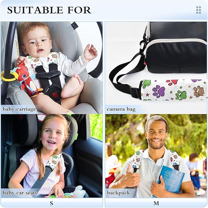 2 Pack Seatbelt Covers Seat Belt Cover Pad for Adults Boys Girls Car Seat Strap Covers Pads Cushion Universal Shoulder Strap Pad Protector for Backpack Camera Bag 6.5 Inch Cute Colorful Paw Prints and