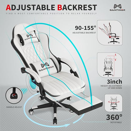 Gaming Chair, 400 lbs Adult Chair, High Back Computer Chair with Footrest and Linked Armrests, Office Video Game Chair with Lumbar Support (White+Black)