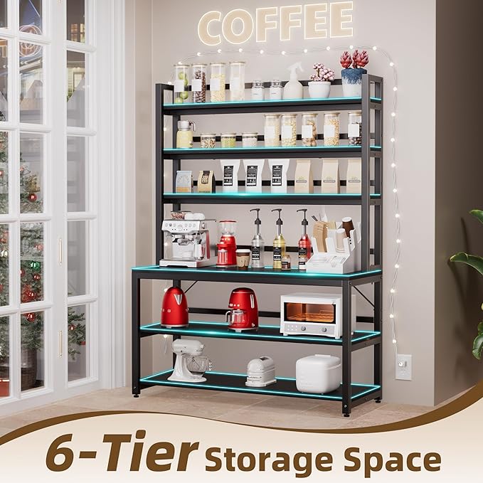 Aquzee Large Bakers Rack for Kitchens, 47in Wide (47.2“W x 15.7”D x 70.8" H) 6 Tiers Kitchen Stand with Hutch & Storage, Black Freestanding Tall Bakers Racks Organizer with Shelves