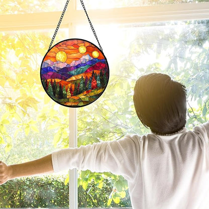 Stained Glass Window Hanging, Sunset Abstract Sun Catchers Colorful Glass Panel Landscape Suncatcher Decor for Birthday for Women, Men, Wife, Aunt, and Mom 6.3 in