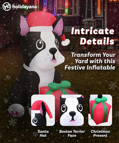 Holidayana Christmas Inflatables Large 5ft Tall Boston Terrier Dog with Gift - Inflatable Outdoor Christmas Decorations Blow Up X-mas Decorations for Yard, Lawn & Garden Internal Lights & Built-in Fan