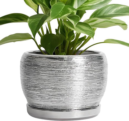 SQOWL Ceramic Pot for Plants - 8 Inch Planter with Drainage Hole and Saucer, Round Planter Indoor Outdoor, Modern Decorative Flower Pot, House Decor, Gifts for Plant Lovers, Silver