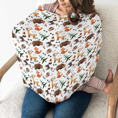 Cute Animals Baby Car Seat Covers Animal Tracks Bear Raccoon Moose Wolf Owl Fox Stretchy 5-in-1 Cover Adjustable Infant Carseat Canopy Cover Cartoon Forest Animal Breathable Nursing Cover-Up