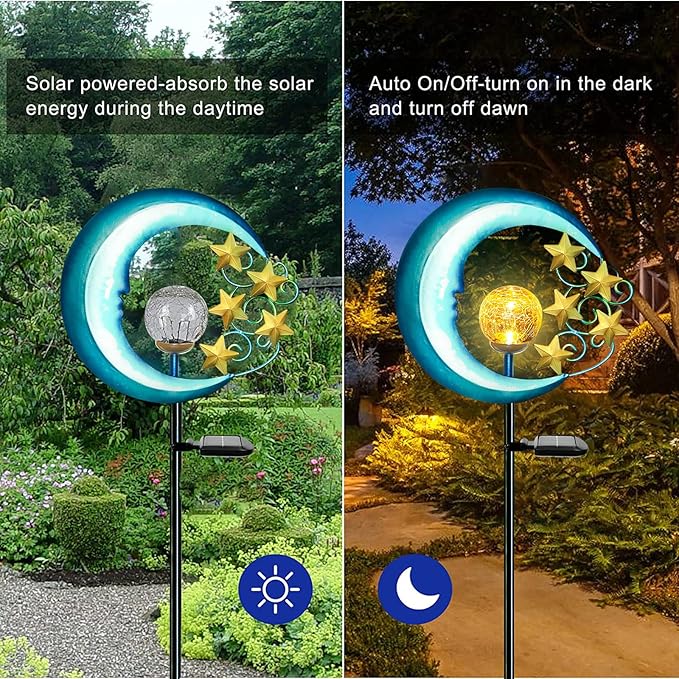 Stars Moon Solar Lights Outdoor - Solar Powered Garden Lights Decorative Crackle Glass Globe Led Waterproof Landscape Lighting for Pathway,Yard,Lawn,Patio