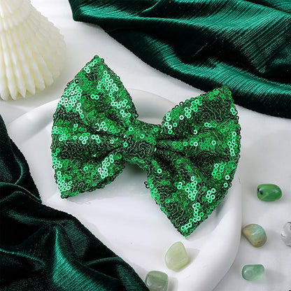 Hair Clip - 5 inches St.Patrick's Day Sequins Large Bow with Alligator Clip - Green - Hair Accessories for Women Teens Babies Toddlers