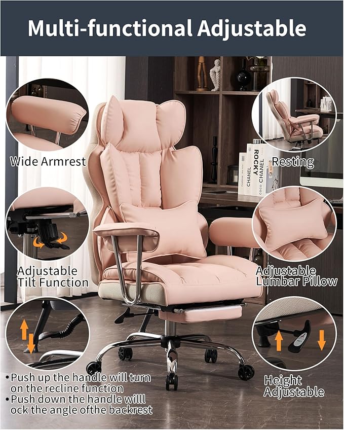 Efomao Big and Tall Office Chair 400LBS, Heavy Duty Executive Office Chair with Foot Rest, Home Office Desk Chairs, Pink Big Tall Computer Chair