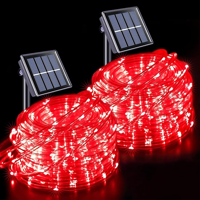 JMEXSUSS 2 * 200 LED Red Solar Rope Lights, 66ft IP 65 Waterproof Solar String Light Outdoor, 8 Modes Christmas Lights for Camp Trampoline Ladder Slide Tent