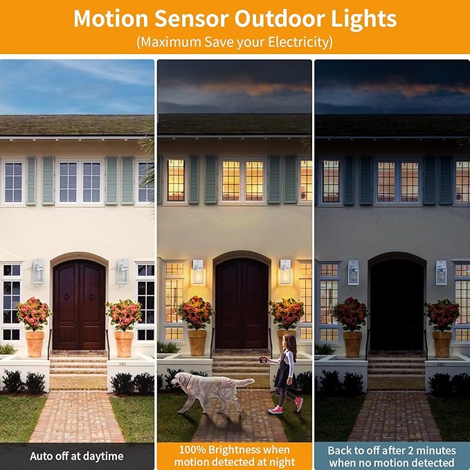 2 Pack White Motion Sensor Outdoor Light Fixtures Wall Mount, Dusk to Dawn Front Porch Lights for House, Exterior Wall Sconce, Waterproof Lantern Lamp,Outside Coach Light for Garage Entryway Yard