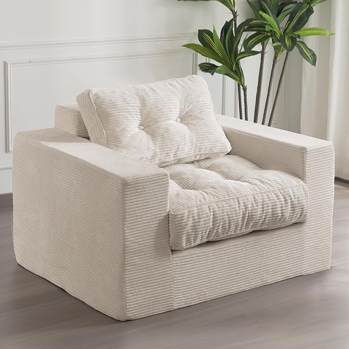 MAXYOYO Living Room Chair for Adults, Upholstered Floor Sofa with Armrests, Boneless Chair with Tufted Cushion & Backrest, Sofa in A Box, Bean Bag Couch for Bedroom Living Room, Dorm, Beige
