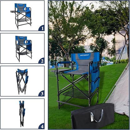 Tall Folding Directors Chair with Side Table 26.77" Seat Height Foldable Camping Chair Bar Stool for Makeup Artist Face Painting with Footrest and Storage Pocket Supports 350LBS