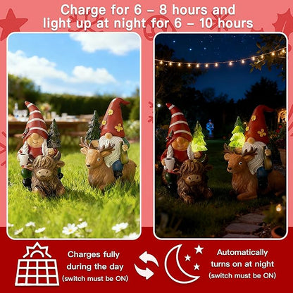 2 Pcs Gnome Garden Decor Statue Highland Cow and Reindeer, Solar LED Lights Gnomes Garden Sculpture Decorations for Yard, Gnomes Gifts for Women