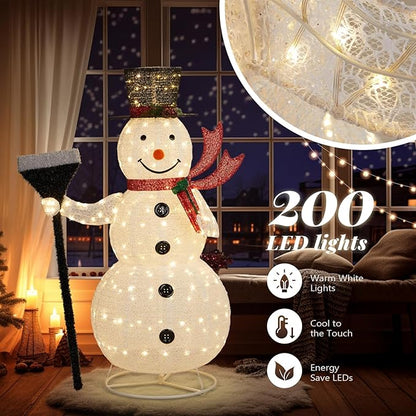 VINGLI 5FT Pop Up Lighted Snowman Christmas Decorations Outdoor Indoor, Prelit 200 Warm White LED Snowman with Broom & Stakes, Collapsible Xmas Yard Lawn Garden Front Porch Patio Holiday Decor