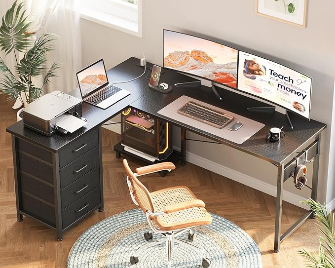 AODK L Shaped Gaming Desk with 4 Drawers, 53" Reversible Home Office Desks with Power Outlets, L Shaped Computer Desk with USB Charging Port and Host Stand, Corner Desk, Easy to Assemble, Black
