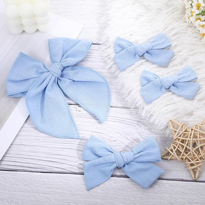 4 Pcs Blue Hair Bow, Cotton Linen Hair Bows, Girls Bows for Hair, Toddler Hair Accessories, Alligator Clips Knot Hair Bows for Girls, Light Blue Bow, 3 Styles & 3 Sizes